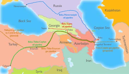 Hydrocarbon pipelines originating at the Caspian Sea